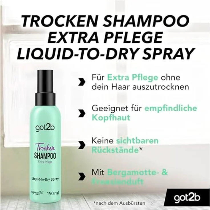 got2b Trockenshampoo Extra Pflege Liquid-to-Dry Spray, 6 x 150 ml, Trockenshampoo ohne Rückstände mit fruchtig-floralem Duft – Bild 2