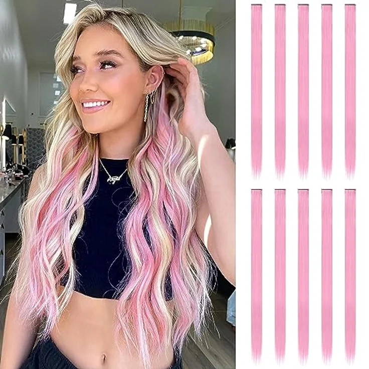 FESHFEN Farbige Haarverlängerung, 10 PCS Rosa Clip-in Haarteil aus synthetischem Material, 55 cm für sofortiges Highlight und bunte Frisuren – Bild 1