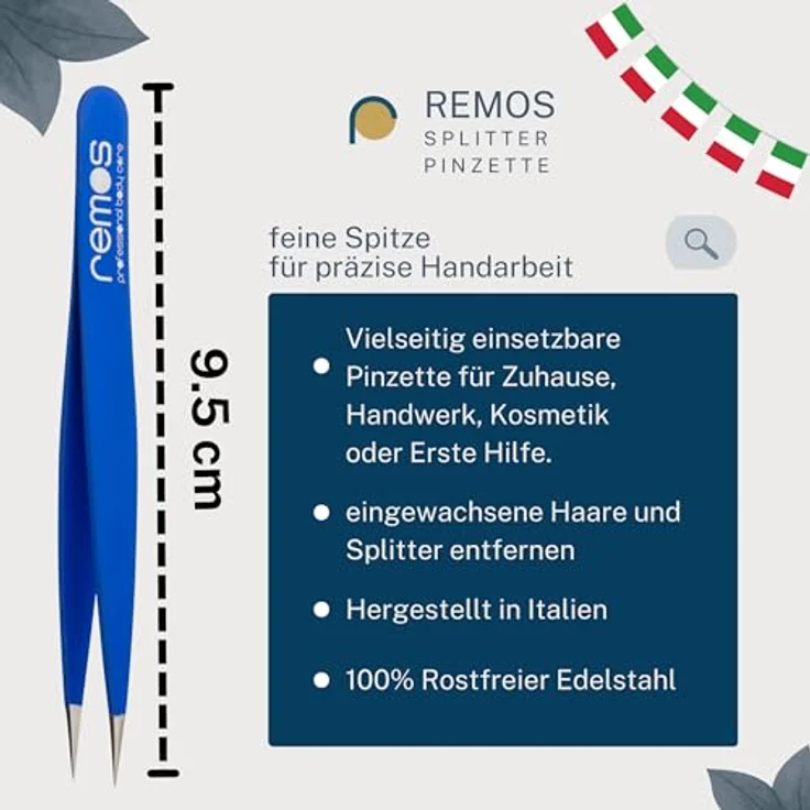 remos professional body care REMOS Splitterpinzette aus Edelstahl [INOX], rostfrei, 9.5 cm, feine Spitze, blau, inkl. Schutzhülle – Bild 2