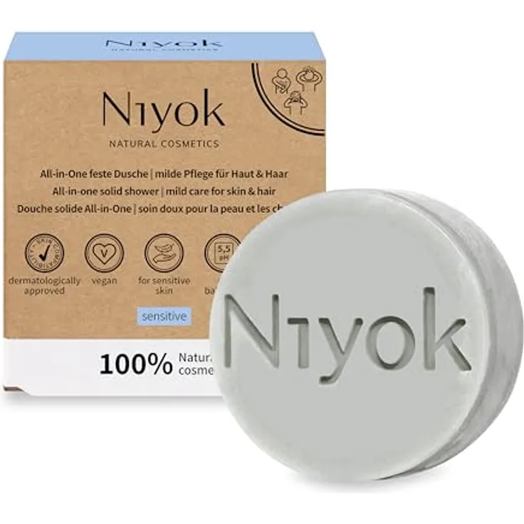 Niyok® All-in-One Feste Dusche "Sensitiv" (80g) • Milde Pflege für Haut & Haar • Naturkosmetik, ohne Duftstoffe • Vegan & plastiksparend