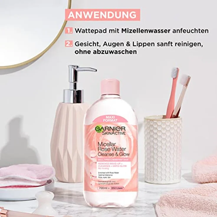 Garnier Mizellen Reinigungswasser, All-in-1 Reinigung mit Rosenwasser, Gesichtswasser für eine sanfte Reinigung und schonendes Abschminken, SkinActive, 1 x 700 ml – Bild 5