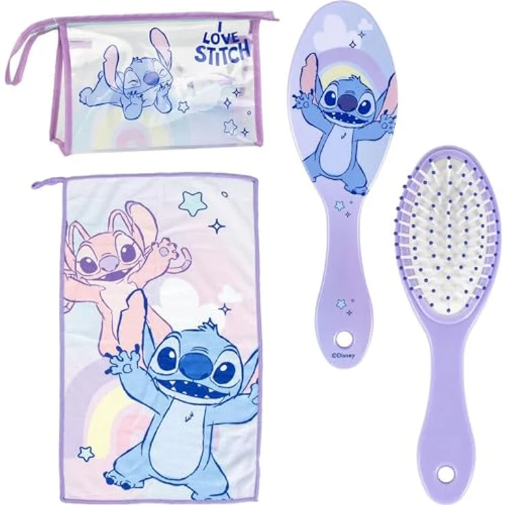 Lilo & Stitch Kulturbeutel, Disney Hygiene-Kit Set mit Handtuch und Haarbürste, bunt – Bild 1