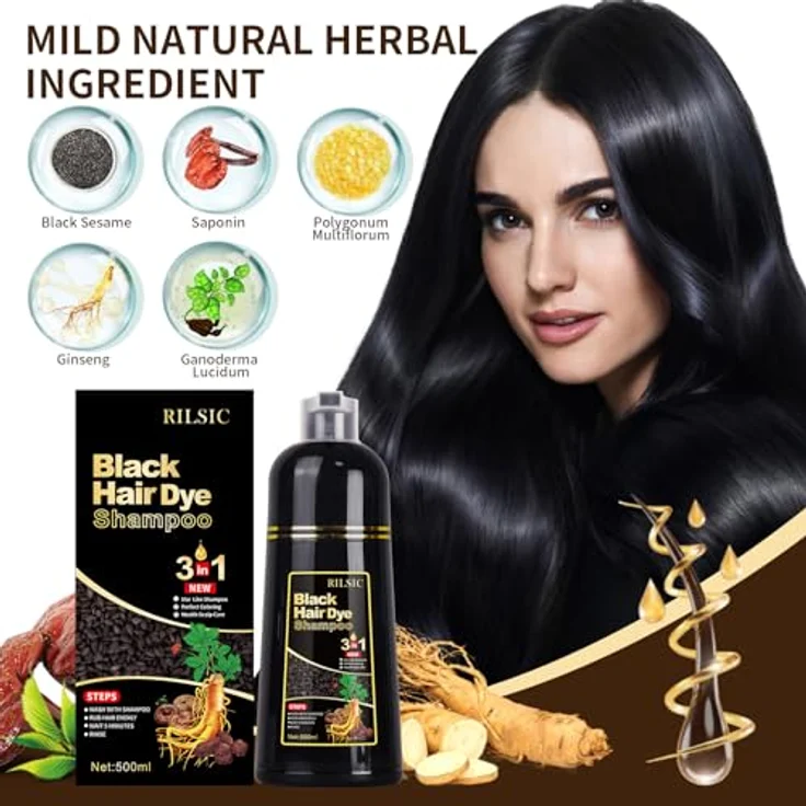 GFEUGS Haarfärbeshampoo 3 in 1, 500ML gegen graue Haare, sofortige schwarze Haarfarbe, Shampoo und Conditioner für Männer und Frauen – Bild 2