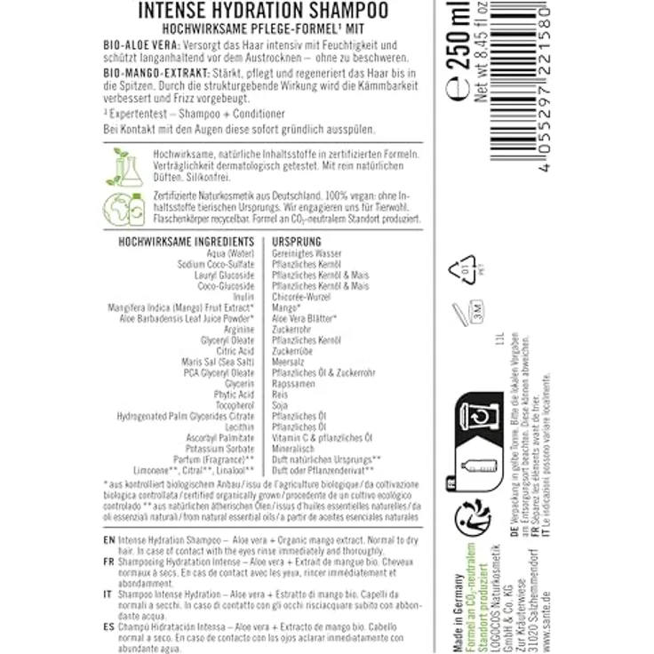 Sante Naturkosmetik Intense Hydration Shampoo, 250 ml - Feuchtigkeitsspendendes Shampoo für trockenes Haar, Aloe Vera + Mango-Extrakt