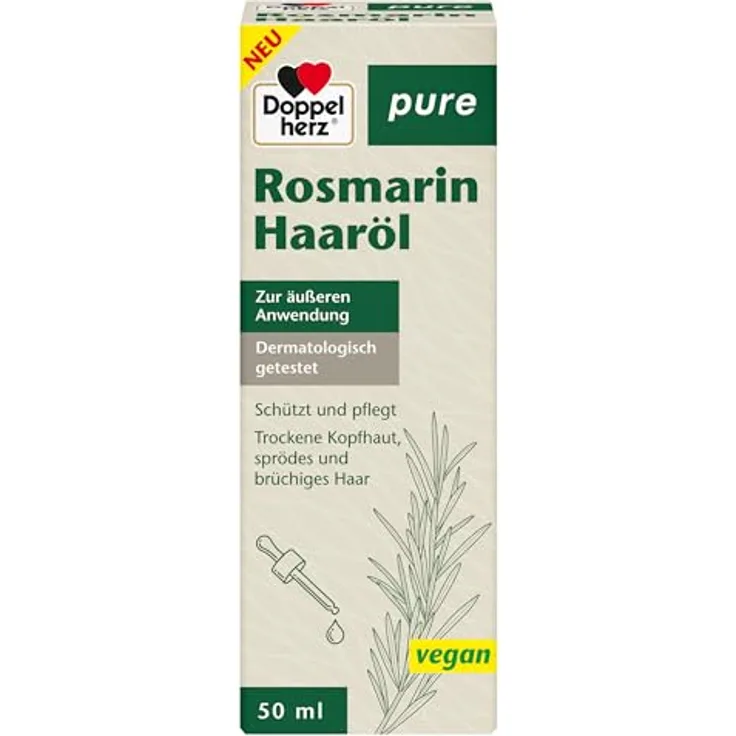 Doppelherz pure Rosmarin Haaröl, 50 ml - Pflege mit Rosmarin-, Rizinus- und Süßmandelöl für Kopfhaut und Spliss-Vorbeugung, dermatologisch getestet, vegan