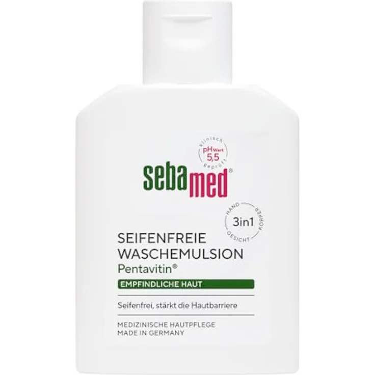 Sebamed Seifenfreie Waschemulsion 50 ml, milde Reinigung für empfindliche Haut, stärkt die Hautbarriere, für Hand-, Gesichts- und Körperreinigung, praktische Reisegröße