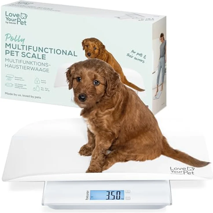 BEURER Polly Multifunktions-Haustierwaage, digitale Präzisionswaage bis 180 kg, Sicherheitsglas-Trittfläche, integrierte BMI-Berechnung, Überlastungsanzeige – Bild 1