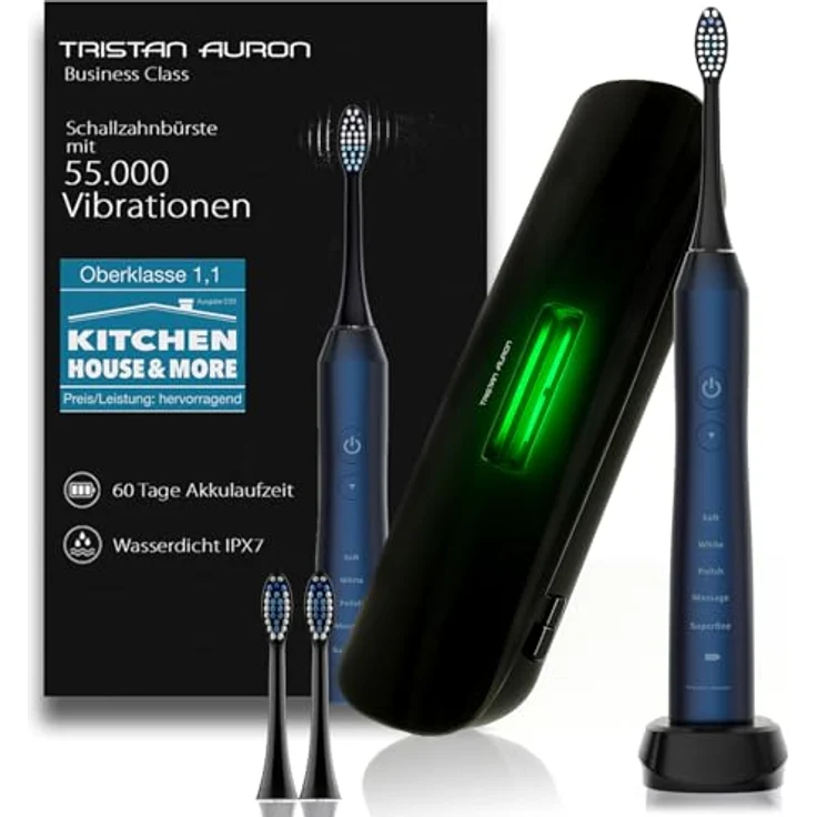 Tristan Auron Schallzahnbürste Business Class – Kompakte Schallzahnbürste mit UV-Box & 2 Bürstenköpfen – leise & wasserfest – für Reisen, Büro oder zuhause (Blau) – Bild 1