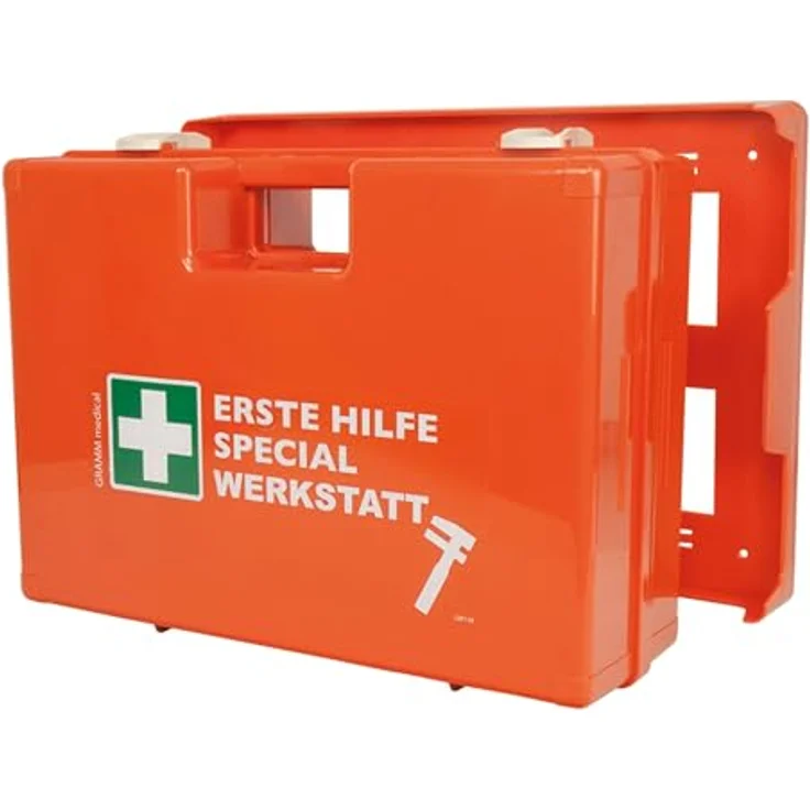 ACTIOMEDIC Erste-Hilfe-Kasten SPECIAL WERKSTATT, DIN 13157:2021, orange, Notfallkoffer mit Wandhalterung und mehrsprachiger Beschriftung, 42 x 33 x 15 cm – Bild 2