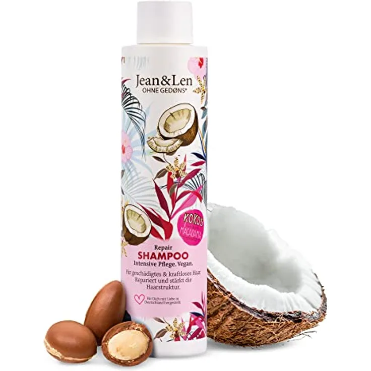 Jean & Len Shampoo Repair Kokosöl & Macadamia, für geschädigtes & kraftloses Haar, beugt Feuchtigkeitsverlust vor, repariert Haarschäden, Kokos-Duft, ohne Parabene & Silikone, vegan 300 ml