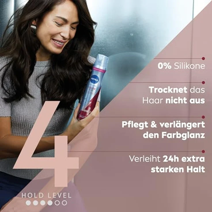 NIVEA Color Care Styling Spray, stärkendes Haarspray mit Panthenol & Vitamin B3, Haarlack für strahlenden Farbglanz & 24h Halt, veganes Pflegespray für gefärbte Haare, 250 ml – Bild 3