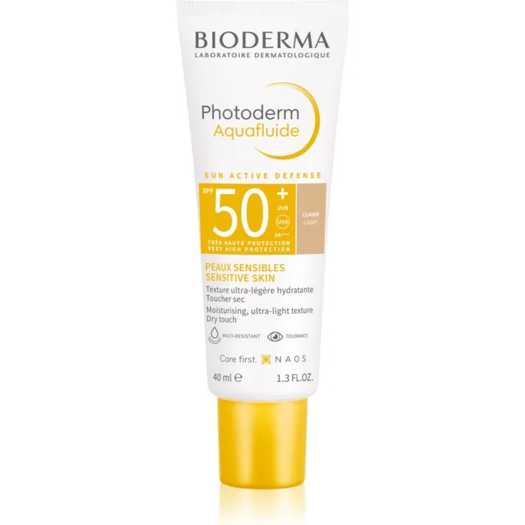 Bioderma Photoderm Aquafluid schützendes getöntes Gesichtsfluid SPF 50+, Farbton Claire, 40 ml, wasserfest, nicht komedogen, für empfindliche Haut