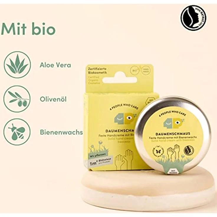 4peoplewhocare Handcreme Bio - Daumenschmaus, Feste Handcreme für trockene und rissige Hände, Aloe Vera, Bienenwachs, Olivenöl, Naturkosmetik (30g - Nachfüller) – Bild 3