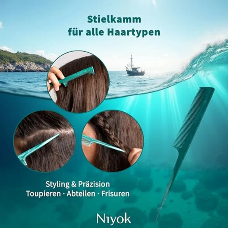 Niyok Stielkamm aus recycelten maritimen Seilen, 99% Recyclingkunststoff, ideal zum Toupieren, Abteilen & Stylen, Made in Germany – Bild 3