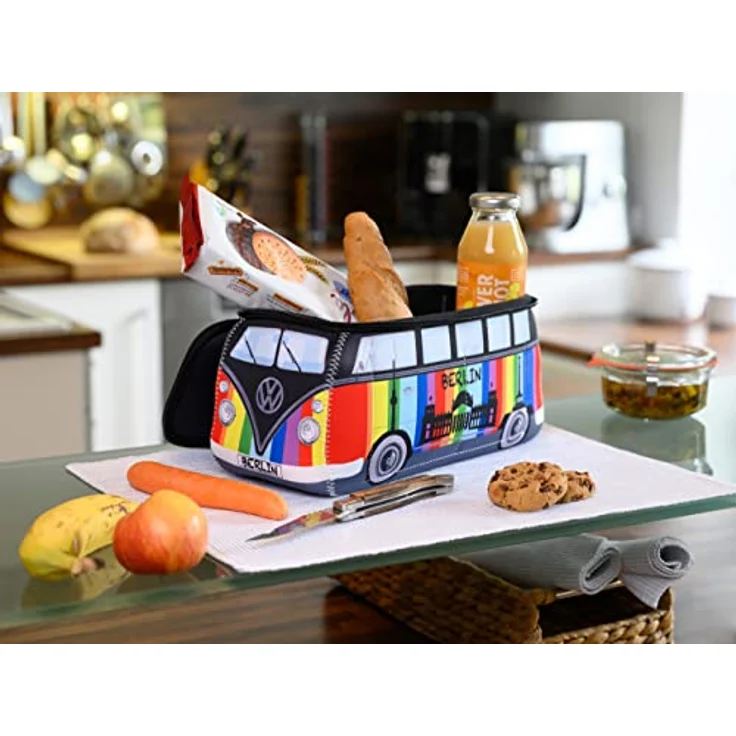 BRISA VW Collection T1 Bulli Bus Kulturtasche, Neopren Kosmetikbeutel mit 5 Fächern, bunt gestreift, 30 x 14 x 12 cm, offiziell lizenziert – Bild 5