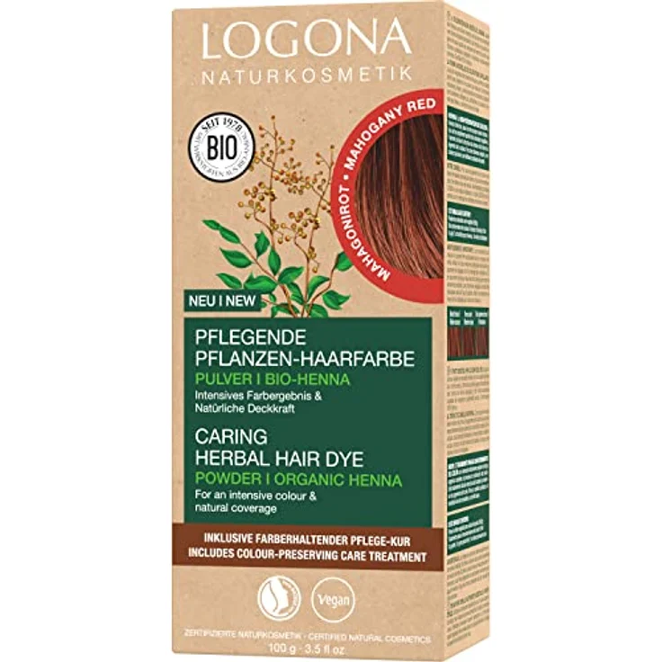 LOGONA Naturkosmetik Pflegende pflanzliche Haarfarbe, Veganes Haarfarbe-Pulver mit Bio-Henna für intensive Farbe und Glanz, Pflanzenhaarfarbe in Mahagonirot (Rot-Braun), 1 x 100g – Bild 1