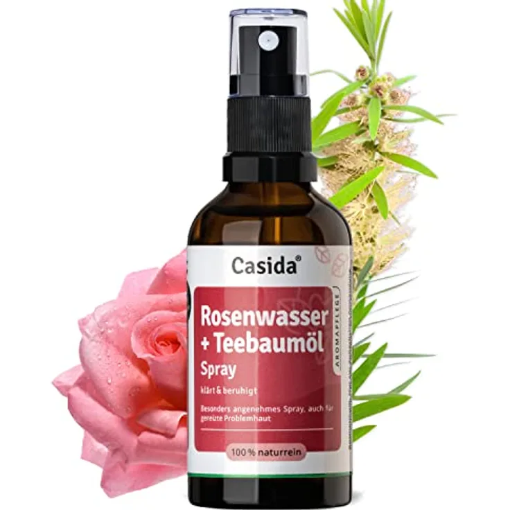 Casida® Rosenwasser + Teebaumöl Spray - Rose Teebaum Hydrolat - Rosenblütenwasser mit naturreinem ätherischen Teebaumöl - Klärend & beruhigend bei unreiner Haut & Akne | Rose Teebaum Hydrolat - 50 ml