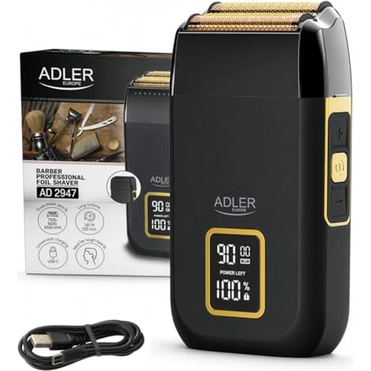 ADLER EUROPE Elektrorasierer AD 2947, Profi-Folienrasierer mit 3 Stufen, LCD-Display, USB-C, Dual-Doppelkopf, Gold/Schwarz, inkl. Reinigungsbürste und Klingenschutz – Bild 9