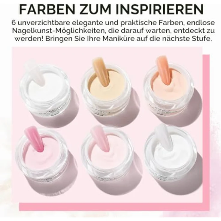 AIMEILI Acryl Nagelset, 6 Farben Acrylpulver für Nägel, klar, weiß, rosa, keine UV-Lampe erforderlich, lufttrocknend, 10g pro Glas – Bild 2