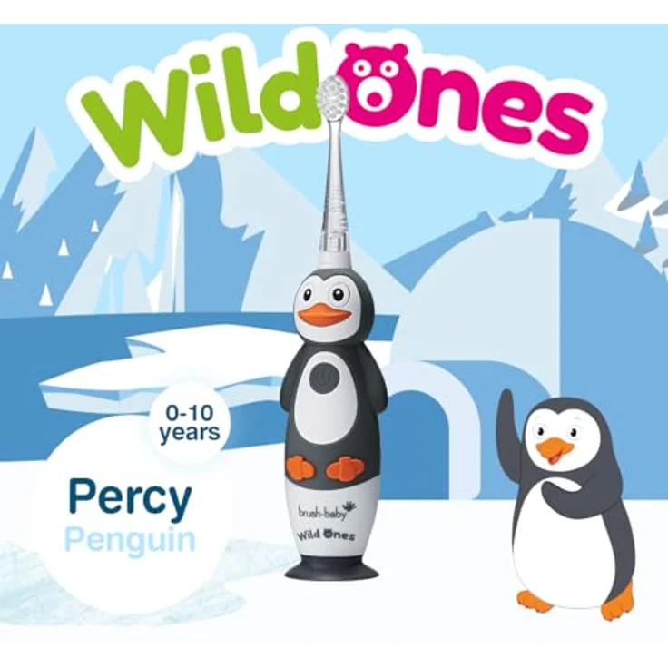 Brush Baby WildOnes WildOne, elektrische Zahnbürste für Kinder mit Schalltechnologie und 2 Ersatzaufsätzen, Penguin Design – Bild 3
