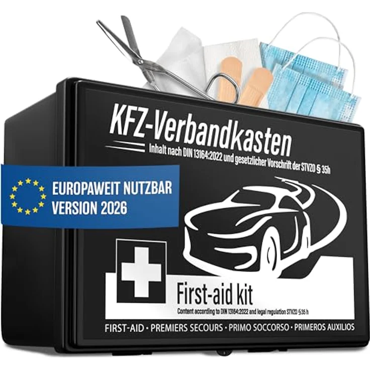 HELDENWERK Auto Verbandskasten 2026, StVO konform, DIN 13164 zertifiziert, inkl. 2x Mundschutzmasken, mehrsprachige Anleitung, staubgeschützt und steril verpackt – Bild 1