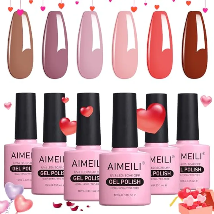 AIMEILI UV LED Gellack Set Nummer 30, mehrfarbiger ablösbarer Gel Nagellack, 6 x 10ml, 21 Tage Hochglanz-Halt, kratzfest, Spiegelglanz-Finish
