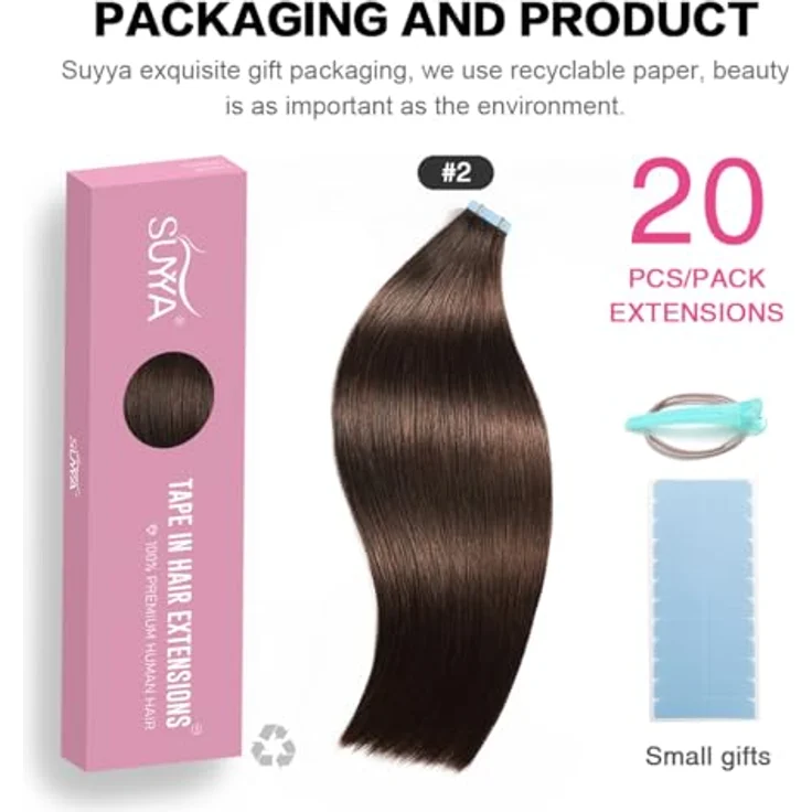 SUYYA Tape Extensions Echthaar, 12 Zoll, 40G, Dunkel Braun, Remy Haarverlängerungen mit professionellem Klebeband, seidig gerade, 20 Stück – Bild 2
