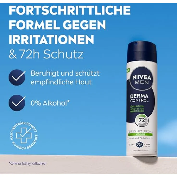 NIVEA MEN Derma Control Sensitive Deo Spray, Anti-Transpirant mit purem Hyaluron, 72h Schutz, ohne Ethylalkohol, 150 ml – Bild 2