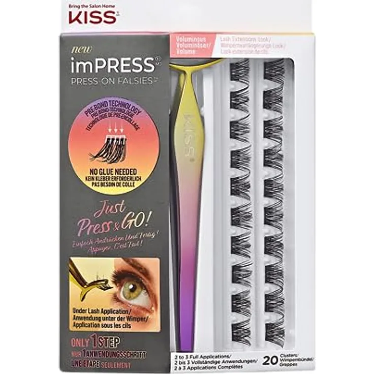 KISS imPRESS Press-On Falsies, selbstklebende Wimpern, Kein Kleber, künstliche Lash Cluster, Voluminous, 20 Cluster + Applikator