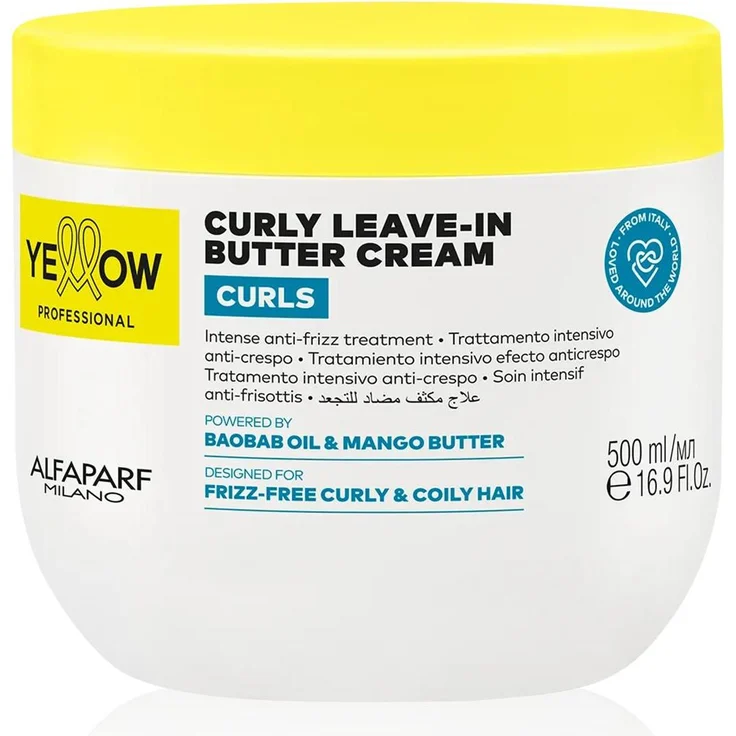 Alfaparf Milano Gelbe Locken Leave In Buttercreme, 500ml, für welliges und lockiges Haar, spendet intensiv Feuchtigkeit und regeneriert das Haar