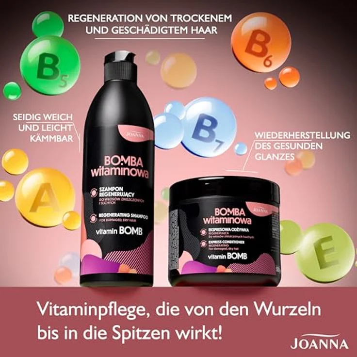 JOANNA Vitamin Bomb Regenerierendes Shampoo für geschädigtes und trockenes Haar, 500 ml, vegan, mit Vitamin E, feuchtigkeitsspendend und regenerierend – Bild 3