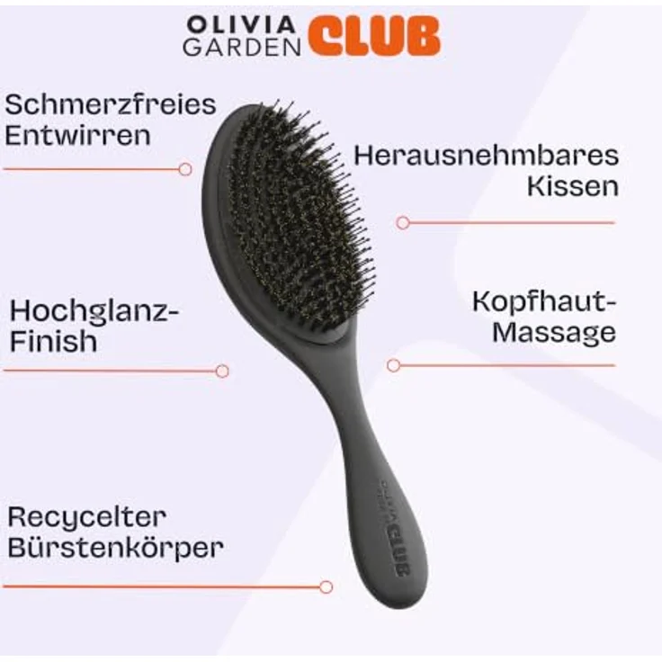 Olivia Garden Club THE RESET CUSHION Detangling & Shine Hairbrush, schwarze Detangler-Bürste mit Natur- und Nylonborsten, abnehmbares Kissen für einfache Reinigung, 100 % recycelter Kunststoff – Bild 6