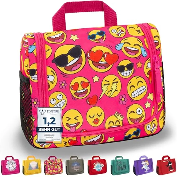 GRINSEZWERGE Kulturtasche für Kinder und Erwachsene, Reise Kulturbeutel mit 12 Motiven, 25 x 20 x 8 cm, zum Aufhängen, mit Metallhaken und herausnehmbarem Spiegel