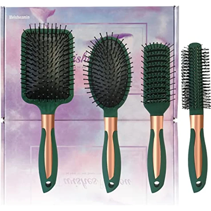 4-teiliges Haarbürsten-Set, antistatischer Massage-ovaler Kamm, Entwirrungsbürste, runde Haarbürste, Belüftungsöffnung, flexible weiche Nadelborsten für Haar – Bild 1