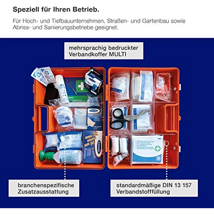 ACTIOMEDIC Erste-Hilfe-Kasten SPECIAL BAUSTELLE, DIN 13157:2021, orangefarben, Notfallkoffer mit Wandhalterung und mehrsprachiger Beschriftung, 42 x 33 x 15 cm, inklusive zusätzlichem Zubehör – Bild 3