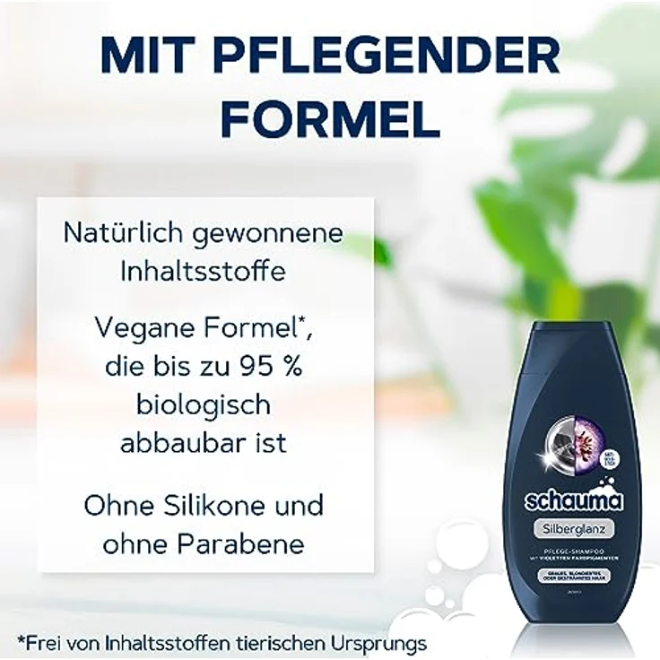 Schwarzkopf Schauma Pflege-Shampoo Silberglanz (250 ml), Silbershampoo mit violetten Farbpigmenten, reduziert Gelbstich für graues, blondiertes oder gesträhntes Haar, vegane Formel – Bild 4