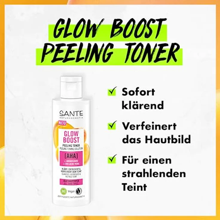 SANTE Naturkosmetik Glow Boost Peeling Toner, klärende Gesichtsreinigung mit AHA, Aminosäure und Bio-Aloe Vera, veganes Gesichtswasser für gepflegte und erfrischte Haut, 125ml – Bild 3