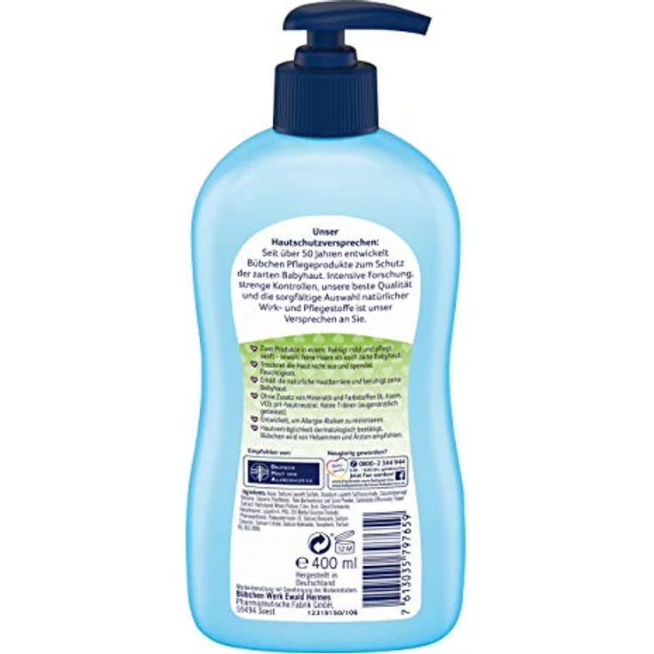 Bübchen Bad und Shampoo sensitiv, Baby Shampoo und -duschgel mit Aloe Vera und Weizenprotein, 4 x 400 ml, pflegt feine Haare und zarte Babyhaut – Bild 3