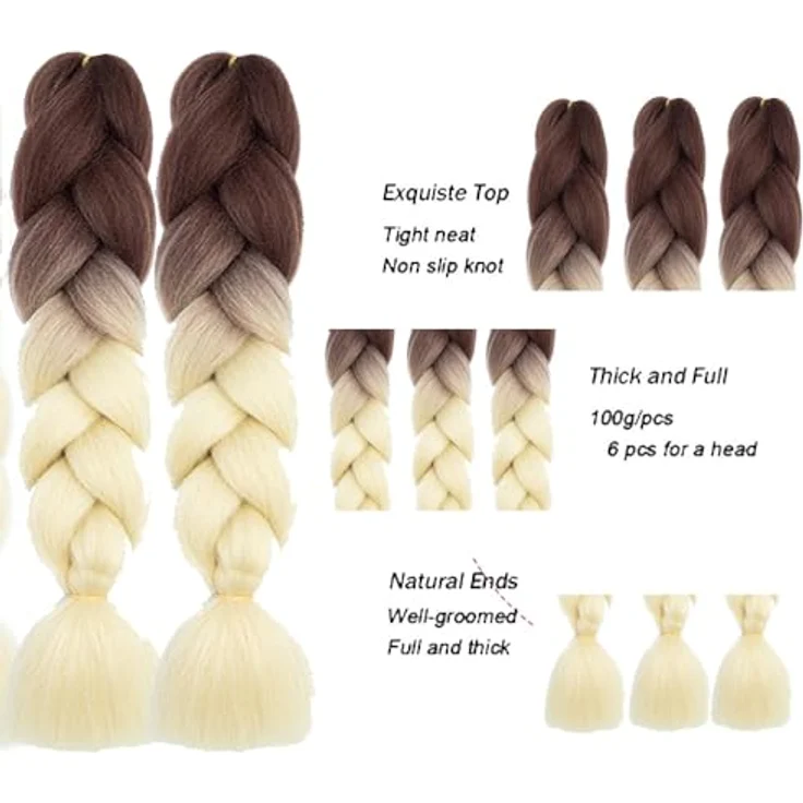 Shangxiu Ombre Braids Extensions, 6er Set Kunsthaar, 24" braun-blonde Jumbo Zöpfe für Box Zöpfe und Crochet Hair – Bild 2