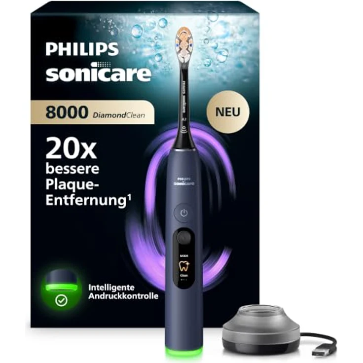 Philips DiamondClean 8000 HX8311/13 Schallzahnbürste für Erwachsene, Sensibel, Zahnfleischpflege, Tiefenreinigung, Whitening, 62000 Bewegungen pro Minute, Blau, mit Timer und USB-Aufladung – Bild 1