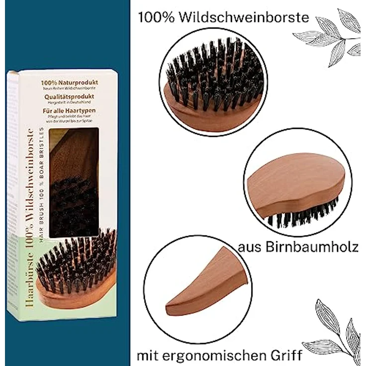 remos professional body care REMOS Natur Haarbürste aus 100% Wildschweinborste, ergonomischer Griff aus Birnbaumholz, plastikfrei, Made in Germany – Bild 2