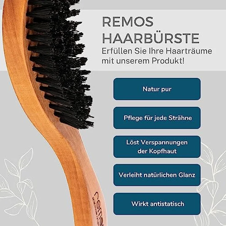REMOS Haarbürste mit 100% Wildschweinborste, Birnbaumholz, ergonomischer Griff, plastikfrei, 22.5 x 5.8 x 3.5 cm – Bild 3