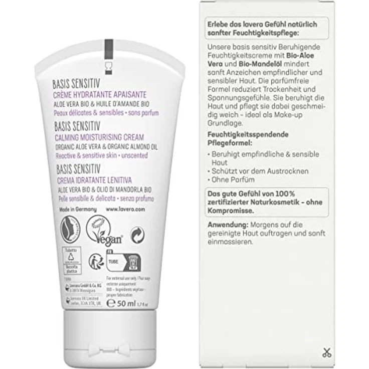 lavera basis sensitiv Beruhigende Feuchtigkeitscreme - Naturkosmetik - vegan - Bio-Aloe Vera & Bio-Mandelöl - feuchtigkeitsspendend - Tagescreme - ohne Parfüm - PETA-zertifiziert - 1 x 50 ml – Bild 4