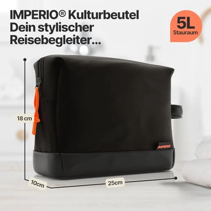 IMPERIO Kulturbeutel, wasserdichte Kosmetiktasche aus Premium Canvas & veganem Kunstleder, 5 Liter Stauraum, schwarz – Bild 2