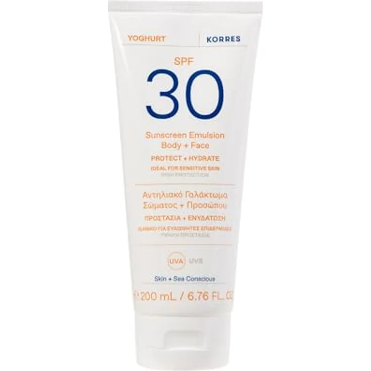 KORRES Yoghurt Sonnenschutz-Emulsion für Körper und Gesicht, SPF30, 200 ml, für Damen mit pflegenden Inhaltsstoffen