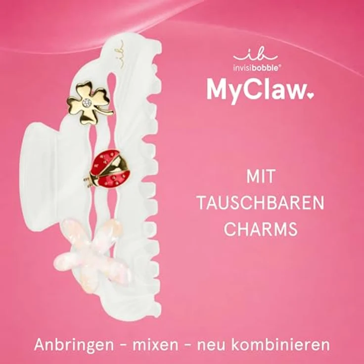 invisibobble MyClaw Full of Charms, Goldene Haarklammer für Damen mit 5 Charms (Herz, Schleife, Marienkäfer, Kleeblatt, Blume), perlmuttweiß, Größe L, eleganter Haarschmuck XXL – Bild 2
