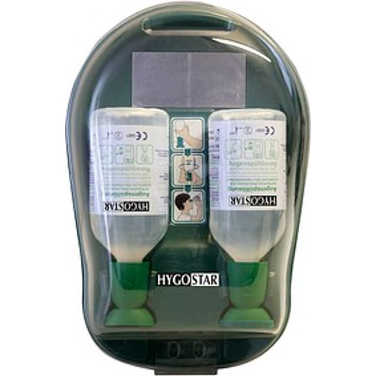 HYGOSTAR Augenspülstation Eye Care Medidrop I 50015, Wandmontage aus grünem Kunststoff, inklusive 2x 500 ml Natriumchloridlösung