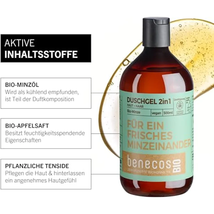 benecos Minze Duschgel 2in1 für Haut und Haar, 500 ml mit Bio-Minze und Bio-Apfelsaft – Bild 3