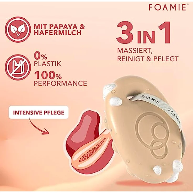 Foamie Festes Duschgel mit Papaya & Hafermilch, Duschpflege Massage-Effekt für eine Intensive Pflege, Feste Dusche 100% Vegan, Plastikfrei, Silikonfrei, 80g – Bild 4