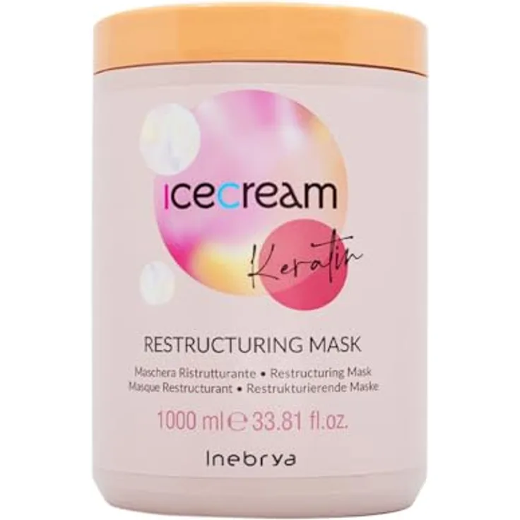 Inebrya Ice Cream Keratin Restructuring Mask - Maschera Ristrutturante 1000ml, Haarkur für intensive Erneuerung und Hydratation, geschädigtes Haar Glanz und Leben zurückgeben